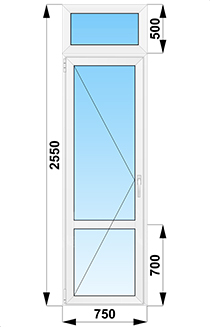 Балконная  дверь с фрамугой  стеклянная  с импостом 750x2550